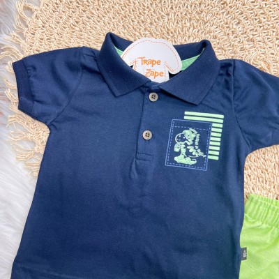 Conj. Camiseta Polo Dino Skatista e Bermuda - Marinho 